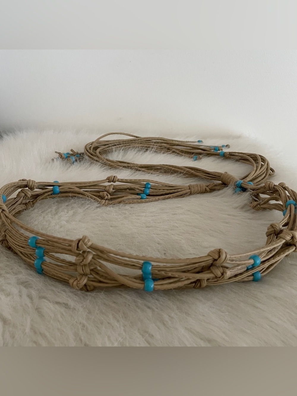 Vintage leather tie belt Handmade Natural Rope Waist Belt wTurquoise color Beads